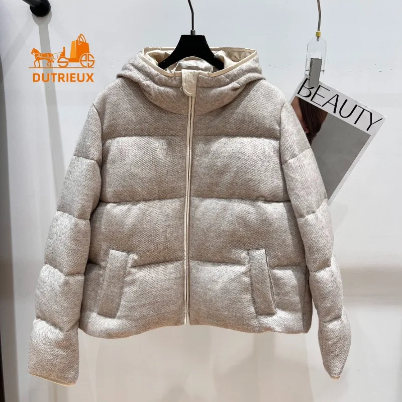 24 New Winter Down Jacket for Women, Short Hooded Wool Fine Flash Fabric 90 White Goose Down Jacket Warm Windproof Coat for Work