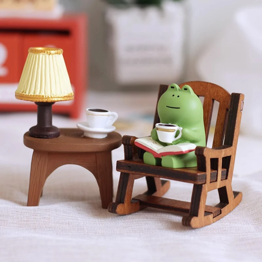 Cute Healing Small Decoration Cute Mini Frog Resin Figurine Rocking Chair Design with Book Coffee Home Bedroom Office Decoration