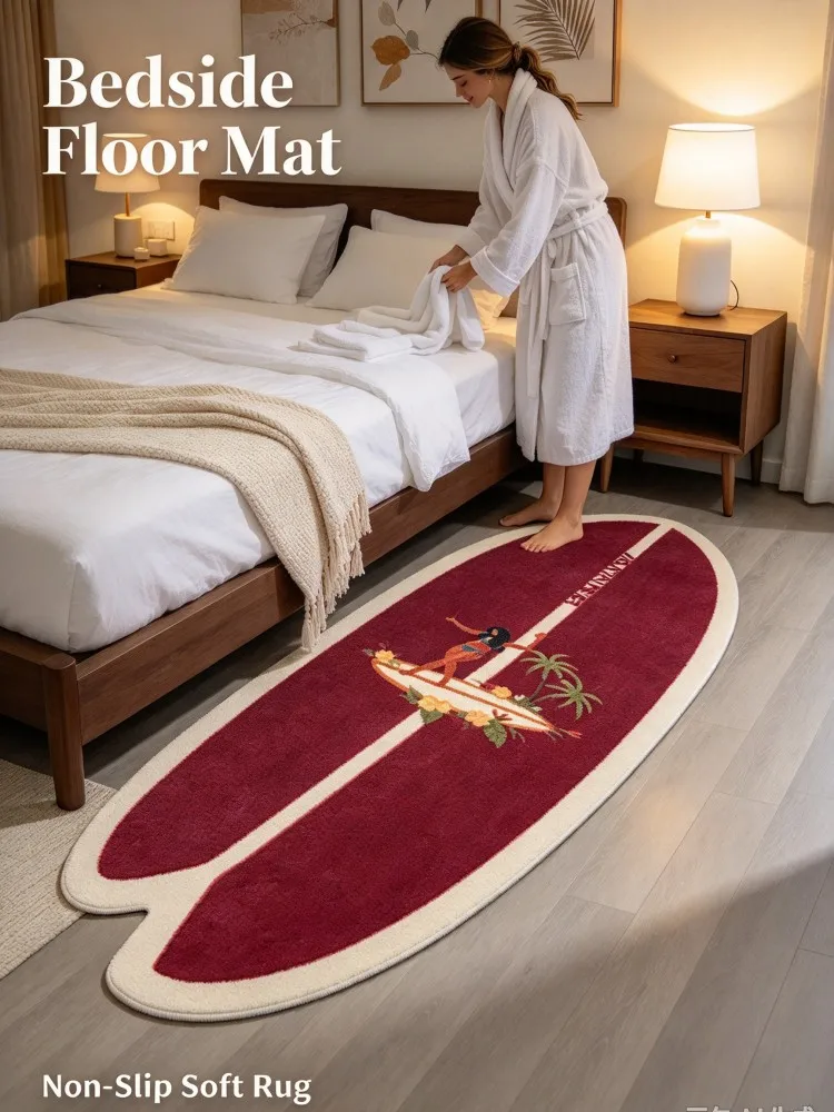 Surfboard Shaped Bedside Rug Retro Surf Life Print Soft Plush Non-Slip Floor Mat for Bedroom Dorm Living Room Coastal Home Decor