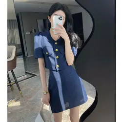 2023 Summer Korean Elegant Women Skirt Sets Retro Navy Blue Outifits Puff Sleeve Top Skirts Set Fashion Office Lady Hepburn Suit