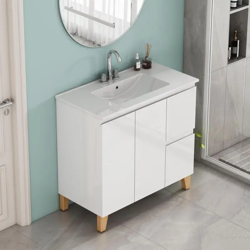 Meja Rias Kamar Mandi Modern 36-Inci dengan Kombinasi Wastafel 3 Lubang, 2 Pintu & 2 Laci, Sistem Tutup Lembut, Desain Tanpa Pegangan, Kayu Alami