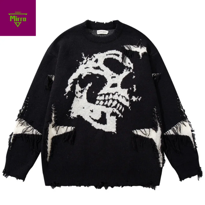 

Мужские свитера с рисунком черепа, винтажный свитер большого размера Y2K, вязаные джемперы, уличная одежда, Harajuku, лоскутные свитера в стиле хип-хоп, трикотаж