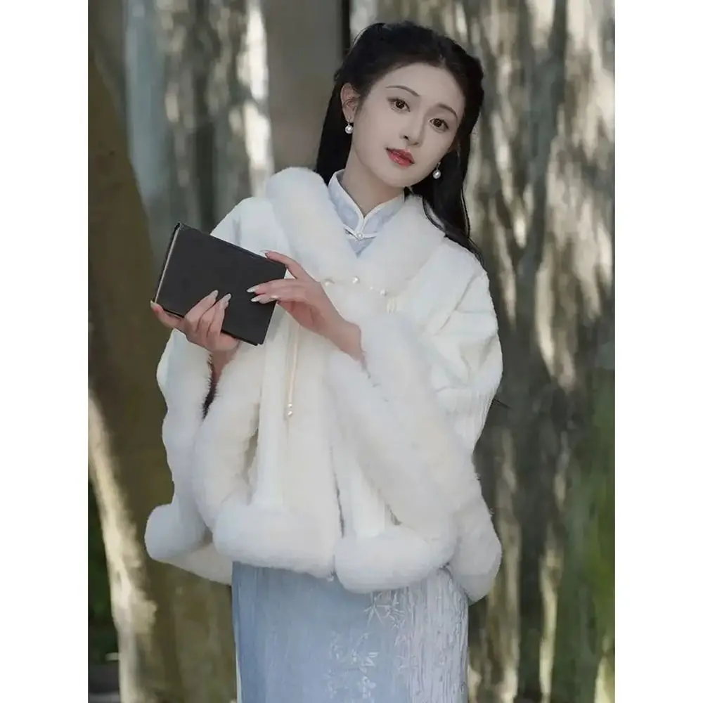 

1Pcs Fleecing Intensification Wintertime Coat Solid Color Mantelet Fur Collar Cape V-neck Shortage Shawl