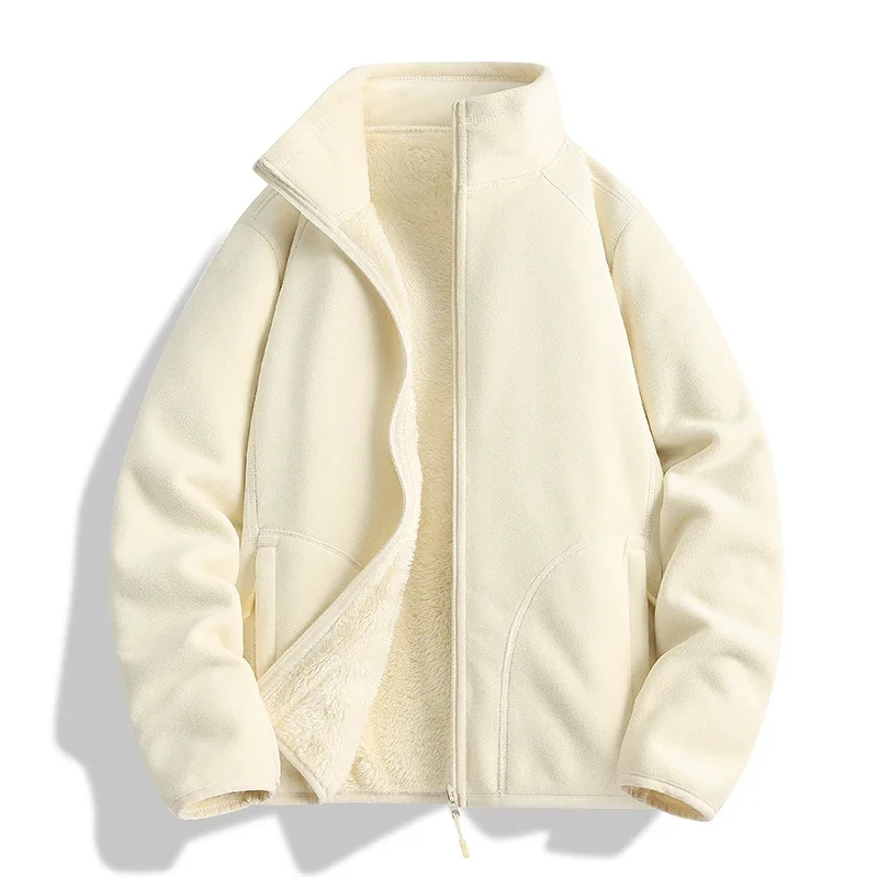 Herbstliche, leichte, beidseitig gefütterte Fleecejacke, Unisex, mit Stehkragen, dick, warm, mit flauschigem Innenfutter, Herren- und Damenmodell, thermische Oberbekleidung. – Detail 5