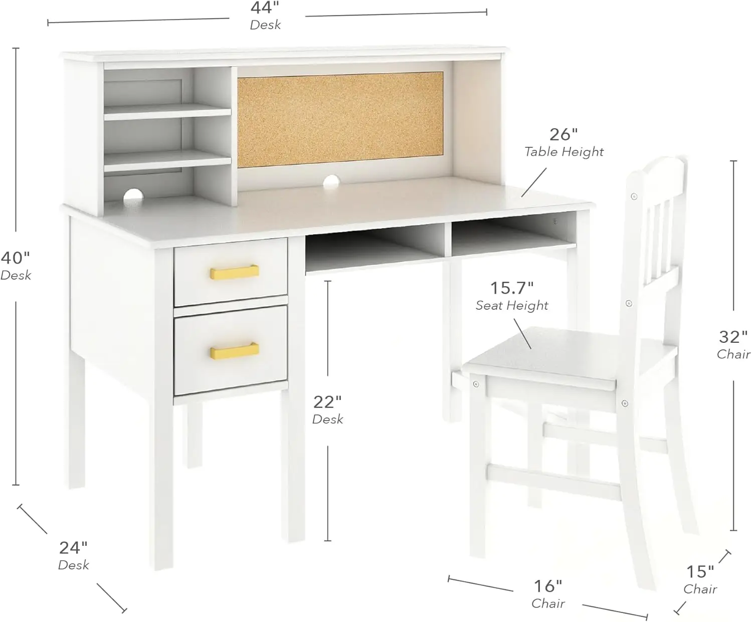 Taiga Desk, Hutch and Chair Set - White: Kids Computer Desk with Storage Drawers, Adjustable Shelves, Corkboard