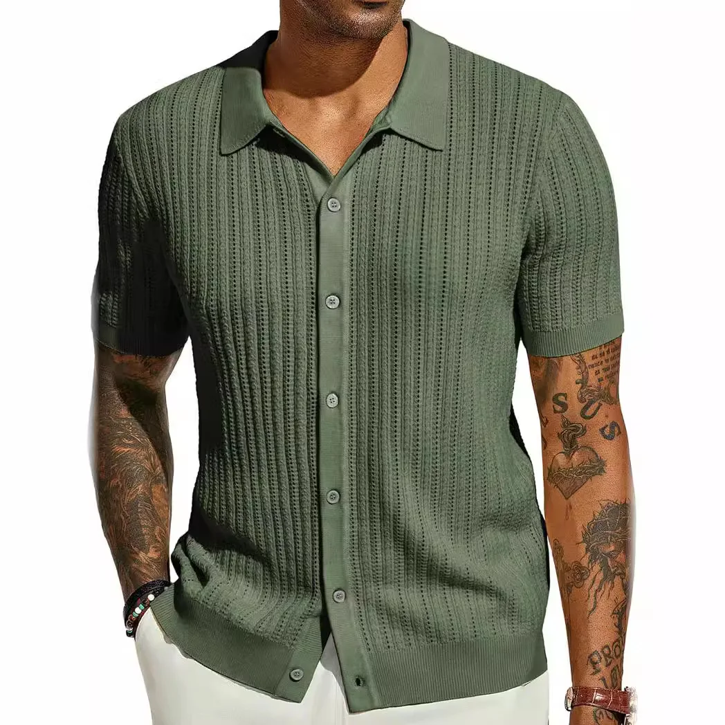 Mens Casual Knitted Shirt Summer New Solid Color Top Short-sleeved Lapel Hollow Breathable Mens Clothing