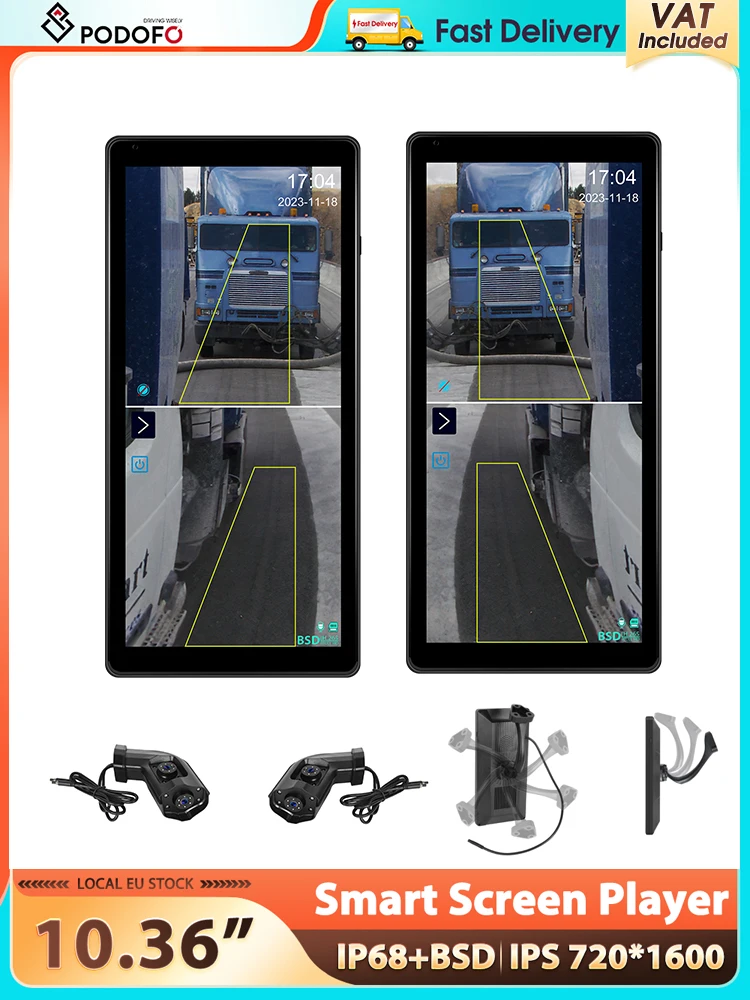 Podofo 10,36'' Smart Screen Player mit BSD-Funktion Vertikaler Bildschirm Auto-Monitor Rückfahrkamera IP68 Wasserdicht Nachtsicht DVR