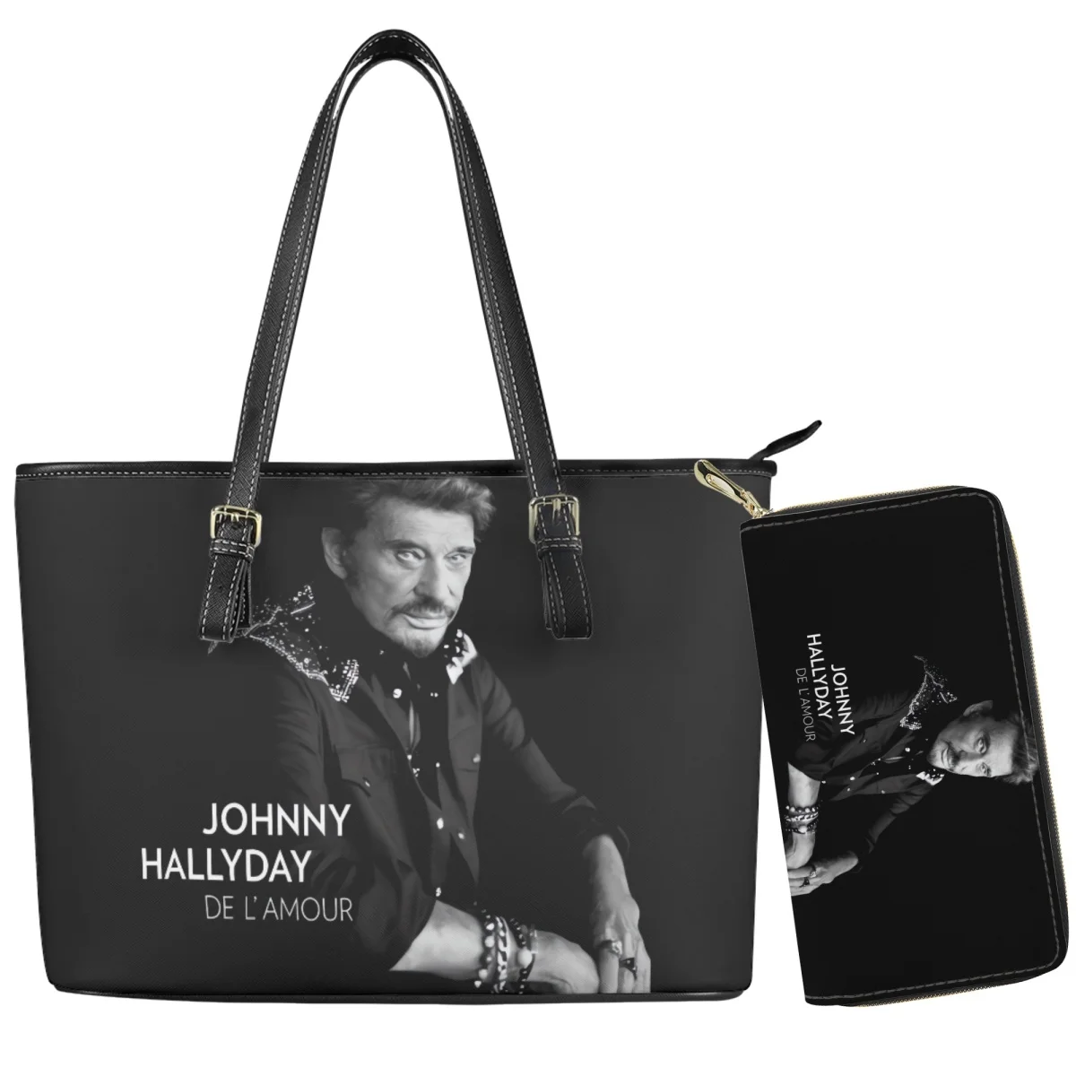 Johnny Hallyday Pattern Ladies Handbag and Wallet Set Soft Durable Fade-resistant Polyester Shoulder Bags for Teen Girls Woman