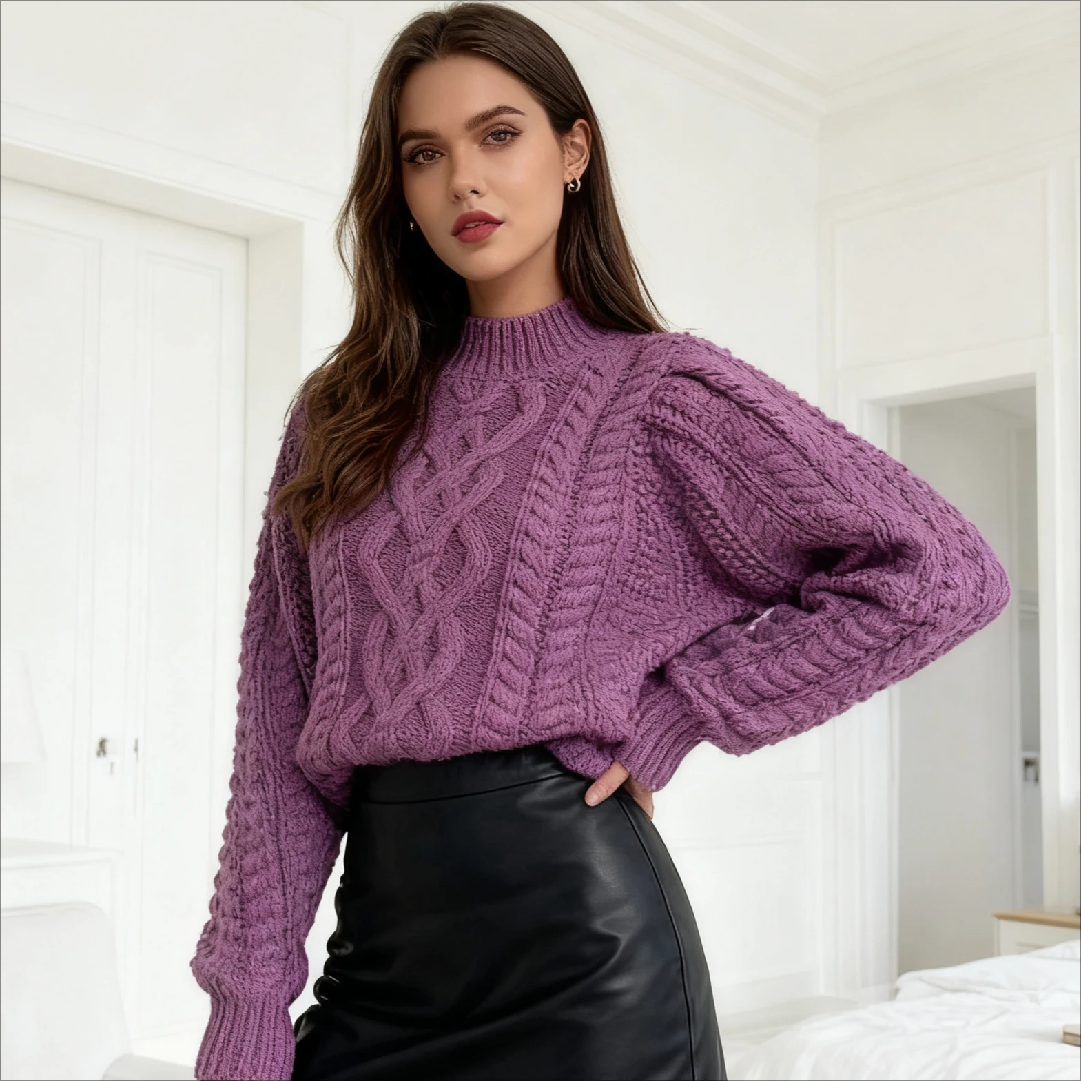 

NEW Autumn Winter Fashion Women's Long Sleeve Mock Neck Cable Knit Sweater, Purple Pullover, Retro Chic Knitwear
