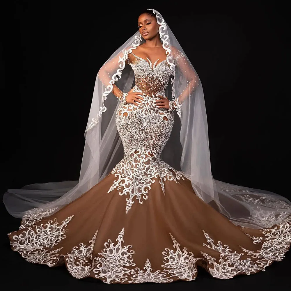 

Vintage Mermaid Wedding Dresses Long Sleeves Appliqued Saudi Arabic Bridal Gowns African Women Vestidos De Boda