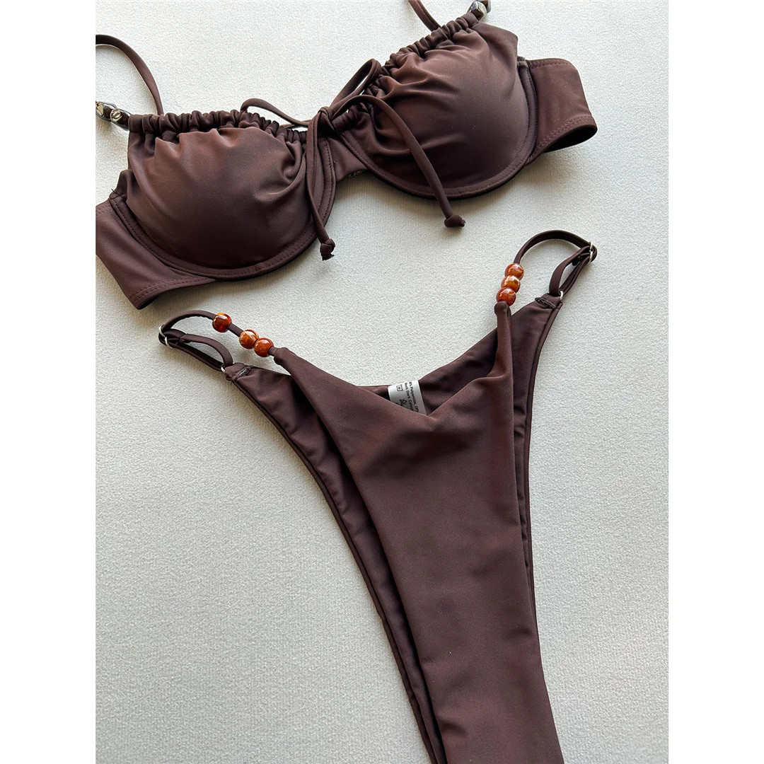 2026 Bügelfreier, geraffter Bikini, Damen-Badeanzug, zweiteiliger Bikini-Set, hoch geschnittene Beine, Badebekleidung, Badeanzug, Schwimmbikini V7931 – Detail 15