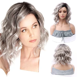 Silver Gray Natural Synthetic wig No bangs Women's Short Bob Wave Side Parting For Daily Fashion  Women Or Loveliness Mom