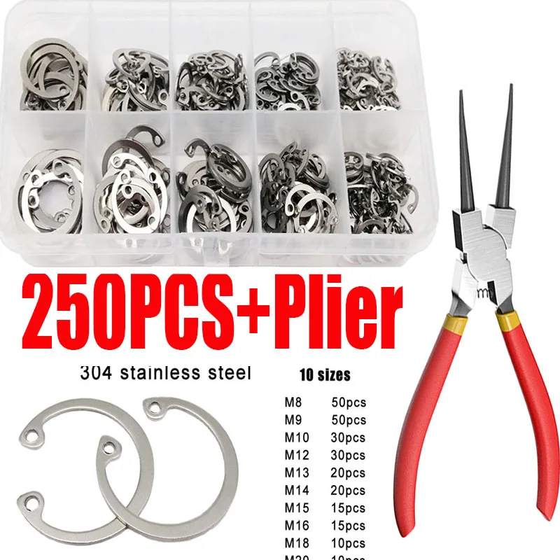 

250Pcs C-clip Washers+Plier M8 M9 M10 M12 M13 M14 M15 M16 M18 M20 Internal External Retaining Circlips Ring Stainless Steel