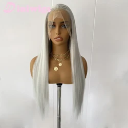 Diniwigs Light Silver Lace Front Wig White Grey Long Silky Straight Synthetic Hair Natural Hairline Daily Use Cosplay Wigs