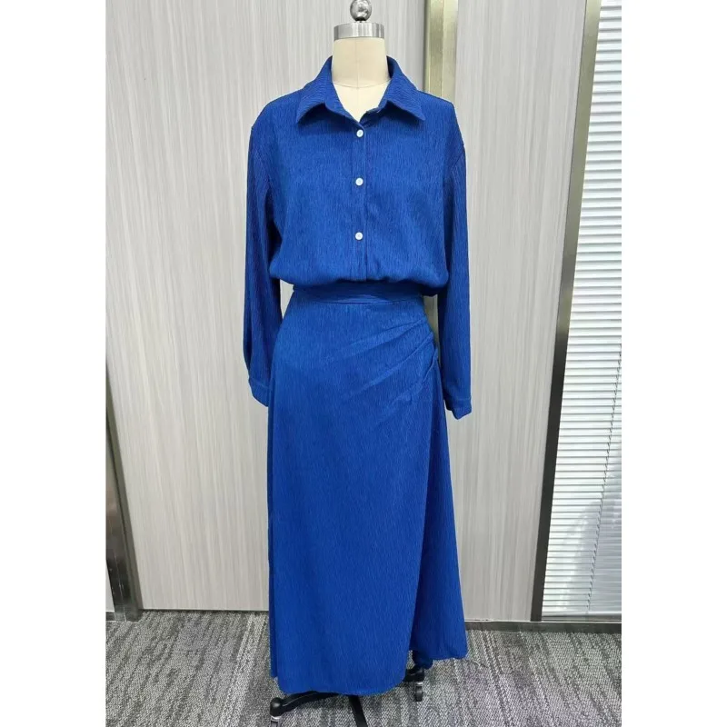 

Blue Half Skirt Two Piece Set For Women Fashion Lapel Single Breasted Cardigan Top+loose Half Skirt Suit Lady Party Prom Outfit