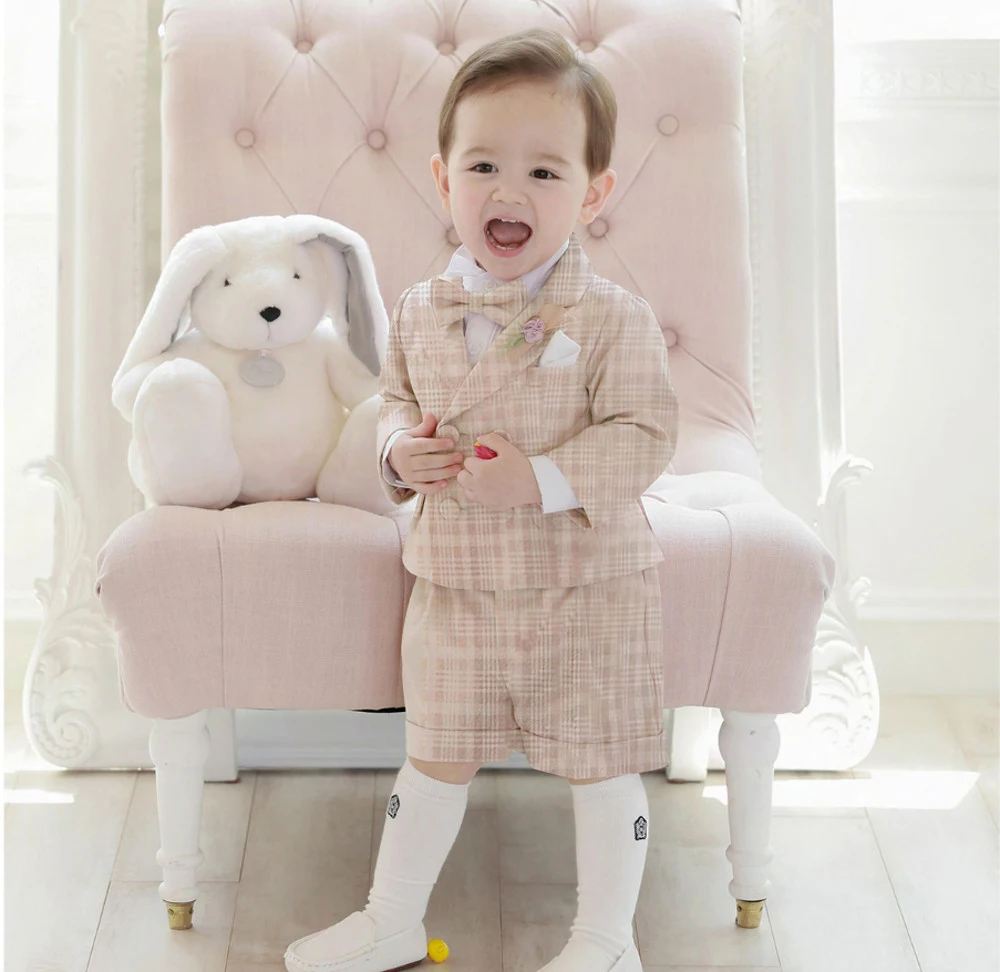 

Flower Boys Suit Children Sets Summer Khaki Lattice Birthday Dress Baby Kids costume Tuxedo Coat+Shorts With Strap 남아 정장 أطقم