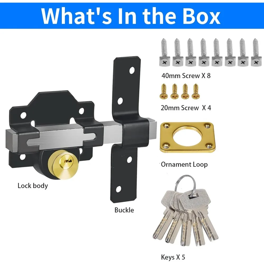 

Long Throw Gate Lock with 5 Keys,50/70mm Copper Lock Cylinder Fence Door Lock for Sliding Doors Wooden Garden Doors,Latch Gate
