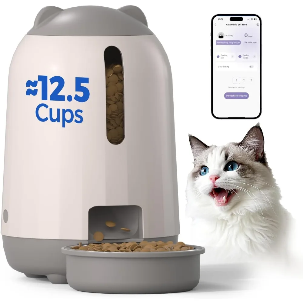 

Automatic Cat Feeder with WiFi App Control, 3L Dual Power, Detachable for Easy Cleaning - Grey
