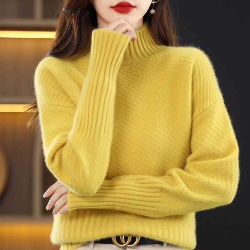 Solid Color Wool Sweater For Women's AutumnWinter Long Sleeved Loose Fashion Jumper Knit Top Semi High Neck Pure Wool Pullover