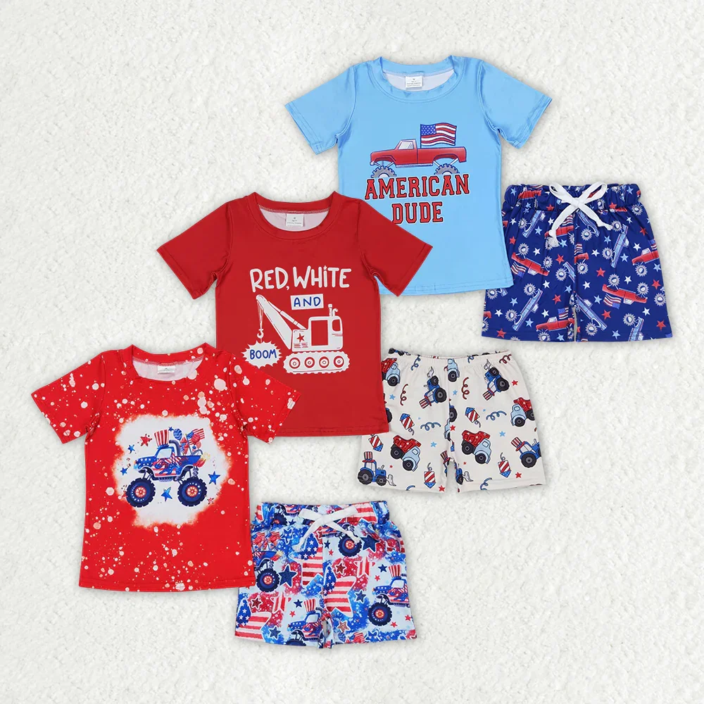 

BSSO0583 Wholesale Summer kids clothes boys national day Flag Stars Red Short Sleeve Shorts sets Boutique baby boy clothes