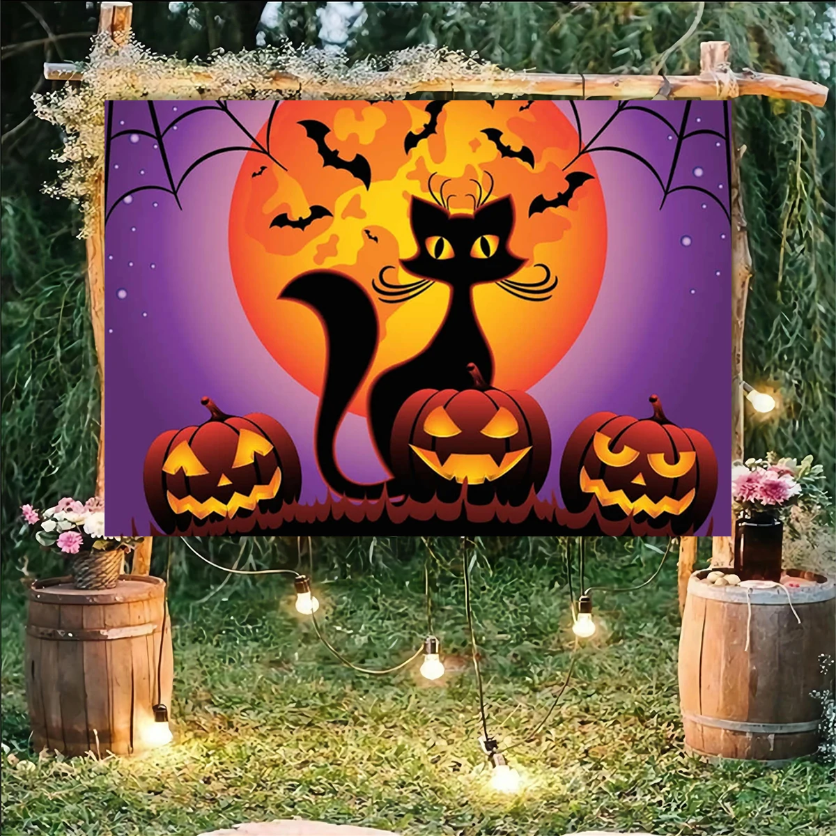 Halloween Dressed Up Party Backdrop Moon Night Banner Decorations Pumpkin Lamp Photography 8x6ft Bat Ghost Name Photo Editable