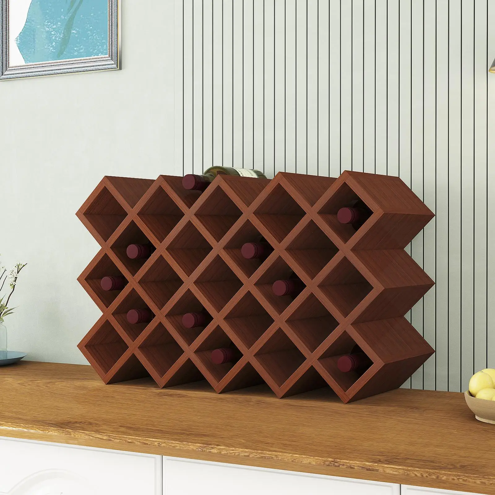 

Red wine lattice rack rhombus wine cabinet lattice wrk square grid European style exhibition teak color can be customized