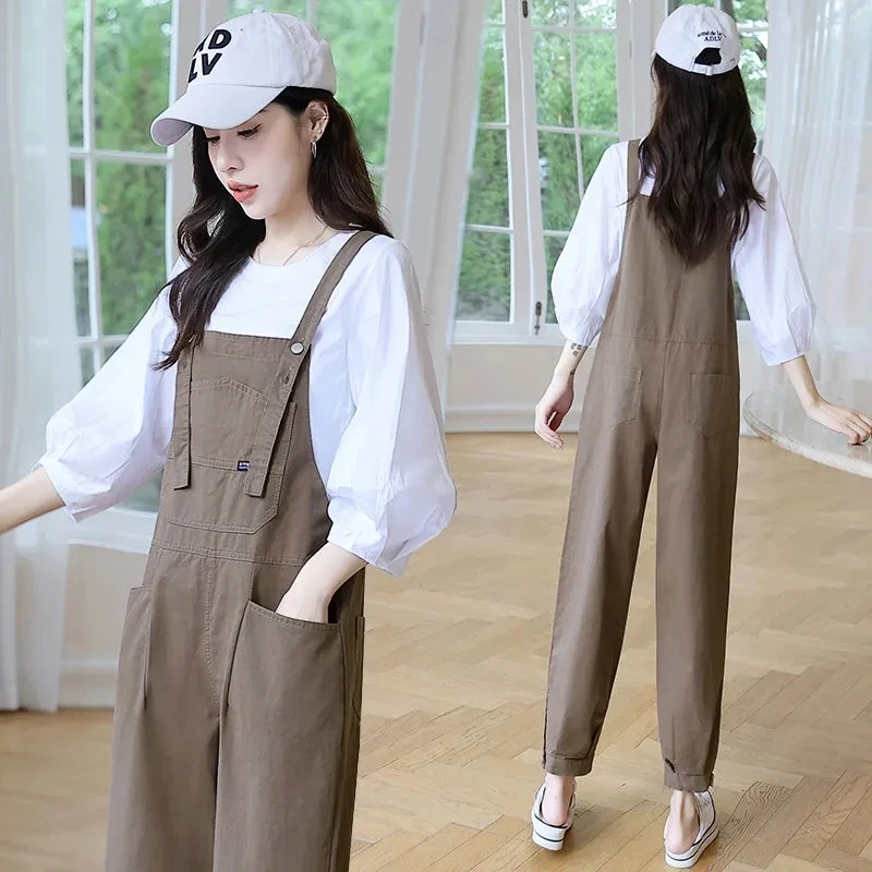 Womens Sleeveless Dungarees Rompers Korean Solid Cotton Jumpsuit Loose Shoulder Strap Pants Summer Casual Overalls Playsuits