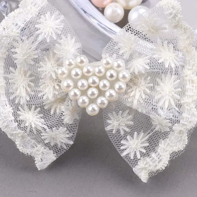 ncmama 2Pcs/set Lace Heart Pearl Hair Bow for Baby Girls Cute Handmade Bowknot Hairpin Hairgrip Korean Hair Accessories headwear