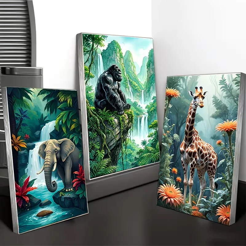 DIY 3Pcs Frameless Diamond Painting Jungle Animals Lion,Gorilla,Giraffe Full Square Round Triptych Handmade Diamond Embroider