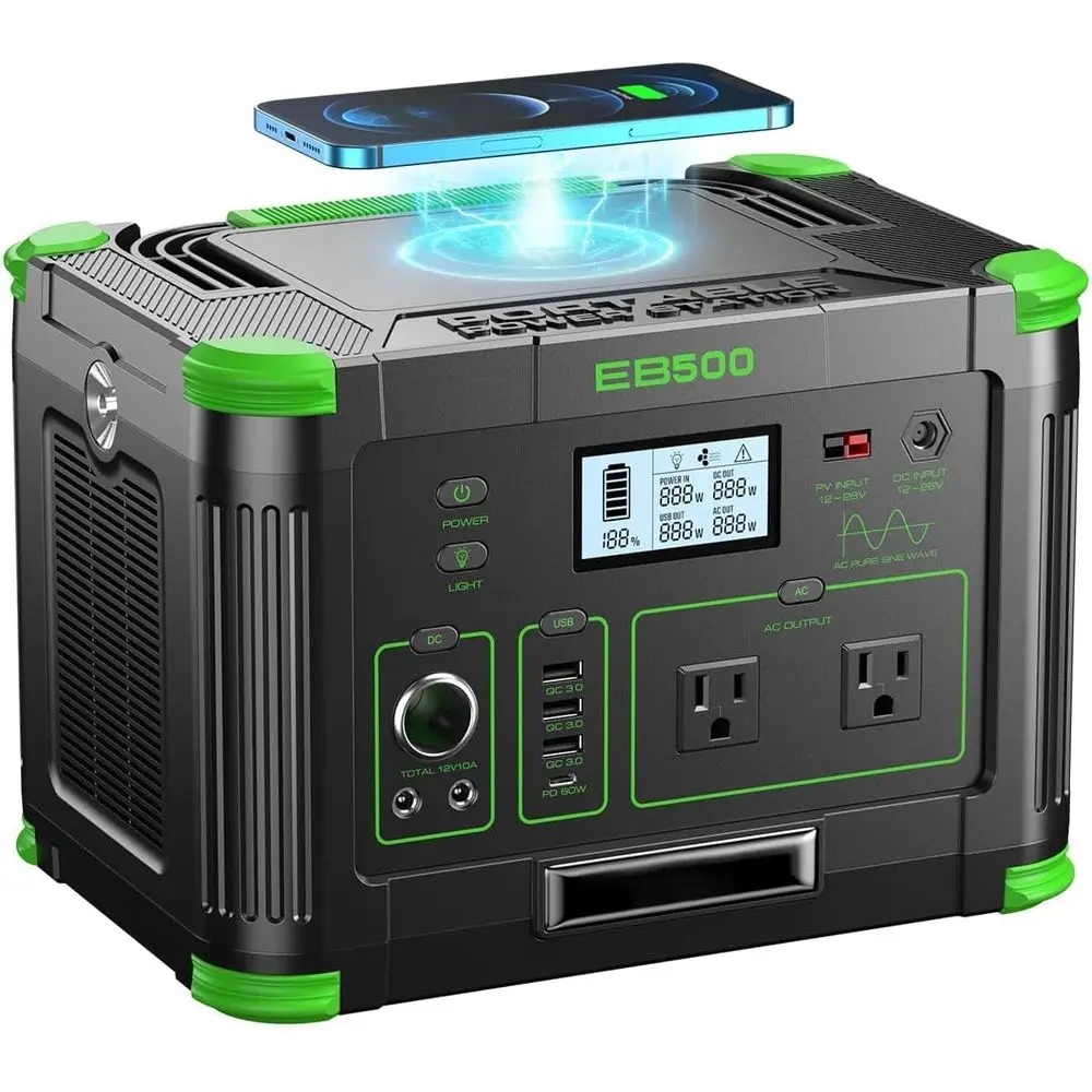 

500W Portable Power Station, r Generator 519Wh (Peak 1000W) Lithium Battery Power Generator with 2 * 110V AC Outlets, Mobile Bat