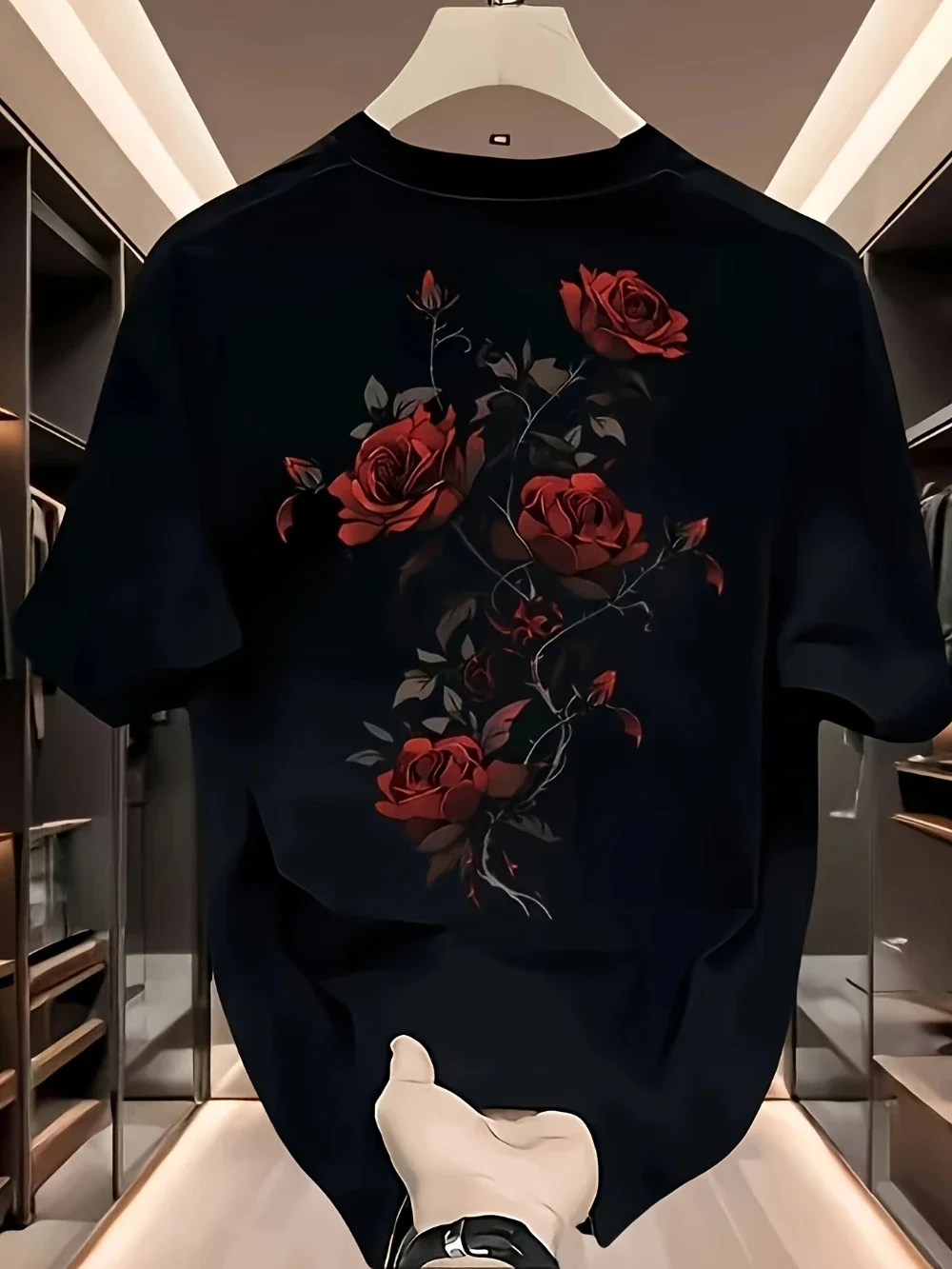 2026 Neues Sommer-Herren-T-Shirt — 100% Reine Baumwolle, Bedrucktes Rotes Rosenmuster, Vielseitig, Locker Geschnitten, Trendig, Hochwertiges T-Shirt – Detail 3