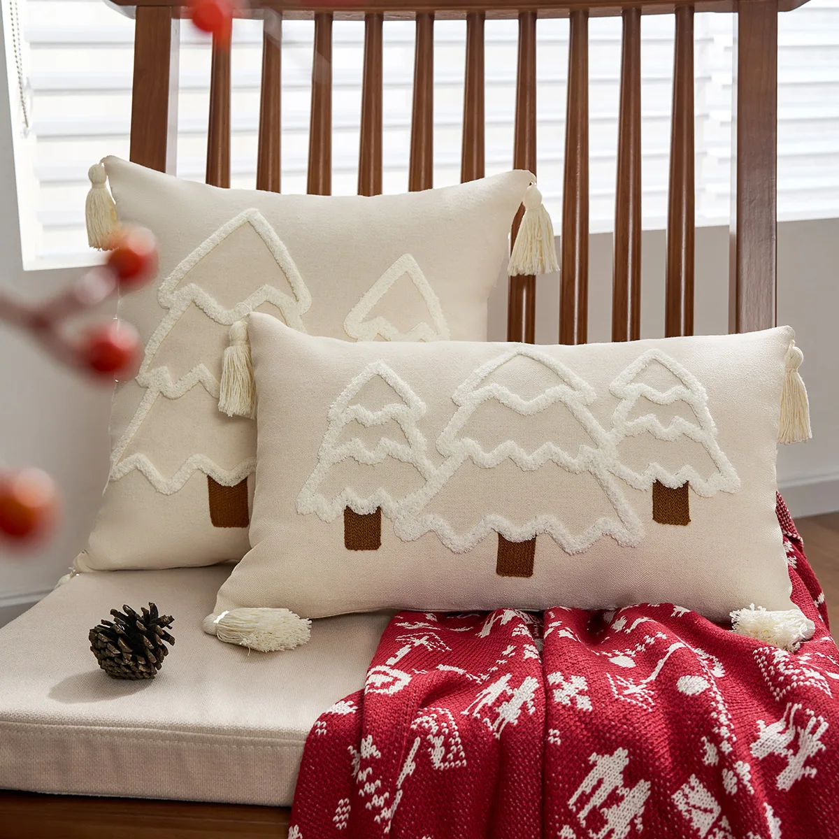 Battilo Christmas Throw Pillow Cover with Tassels Decorative Green Tufted Pillowcase for Sofa Bed Cushion Case for Home Decor