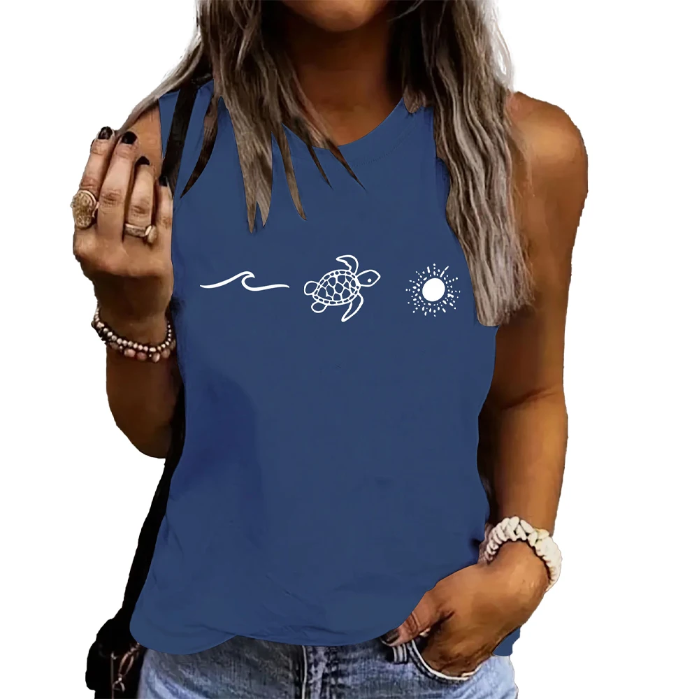 

turtle Print mini vest Bare shoulder Cute sweet knit Basic Casual Tee women summer vacation beach Woman clothing