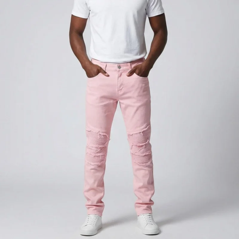 

2026 Trend Y2K Style Pink Patchwork Slim Stacked Jeans Pants For Men Clothing Straight Male Luxury Long Trousers Pantalon Hombre