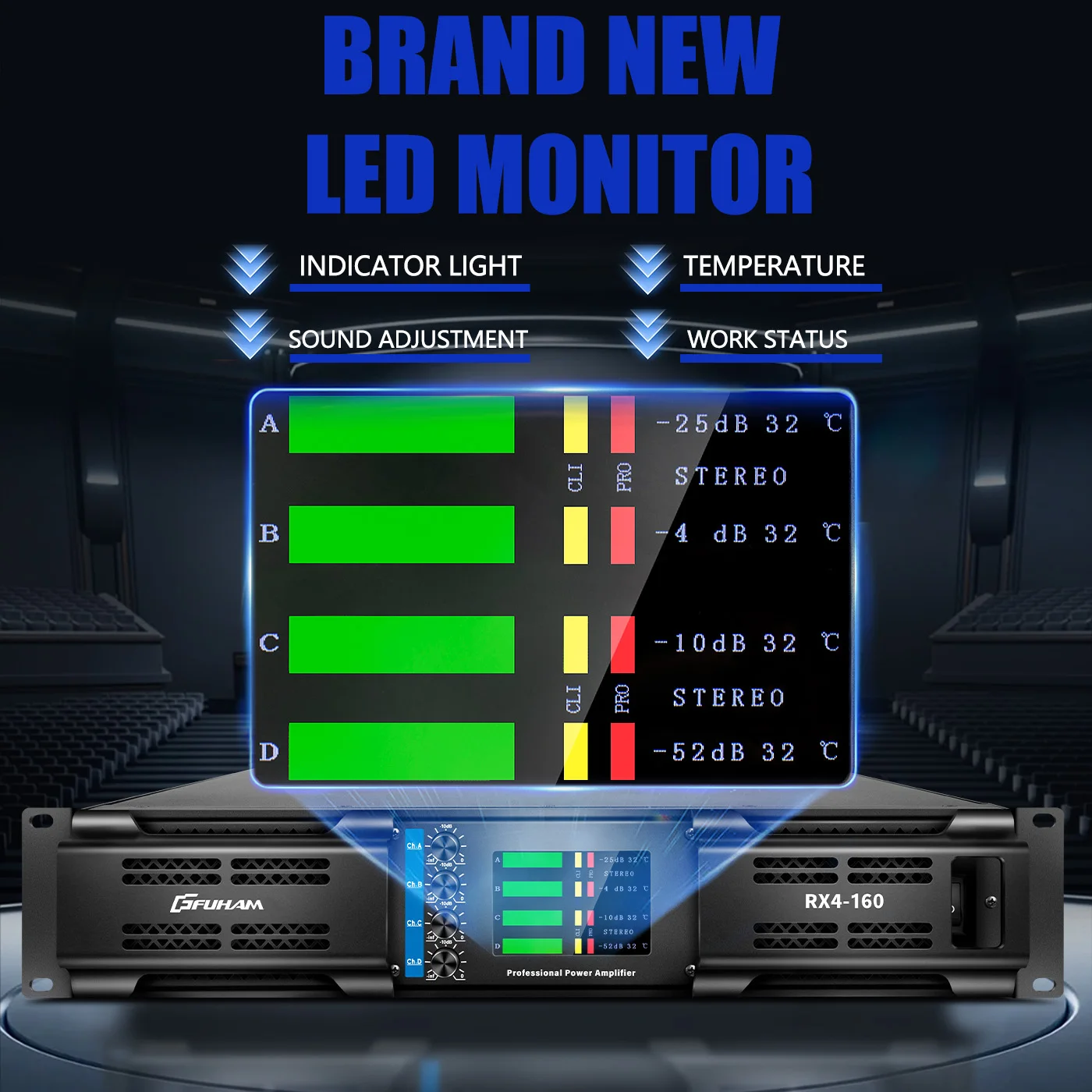 FUHAM RX4-160 4-Channel Power Amplifier 8 Ohm 2500W Class H for DJ Stage Performance And Sound System