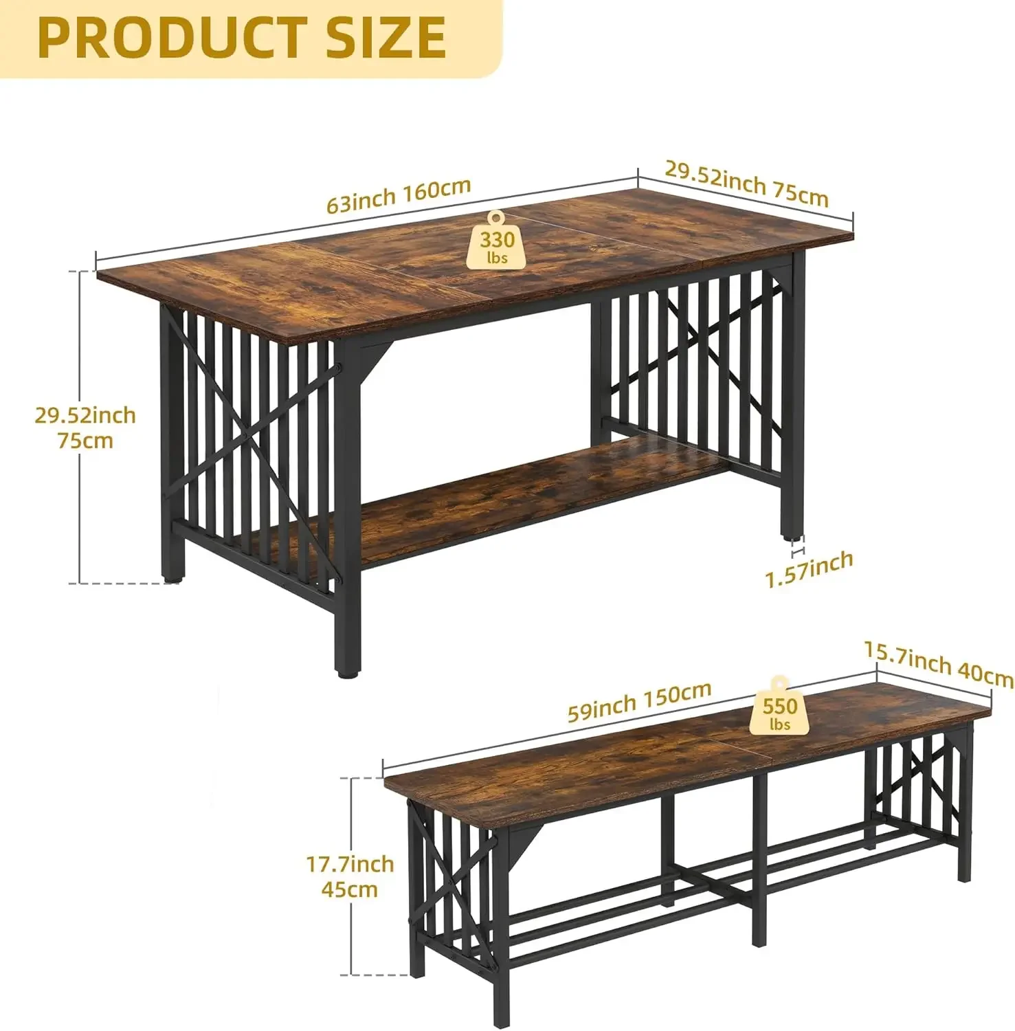 63" Dining Room Table with 2 Benches, Industrial Rectangular Dining Room Table Set with Storage for Kitchen