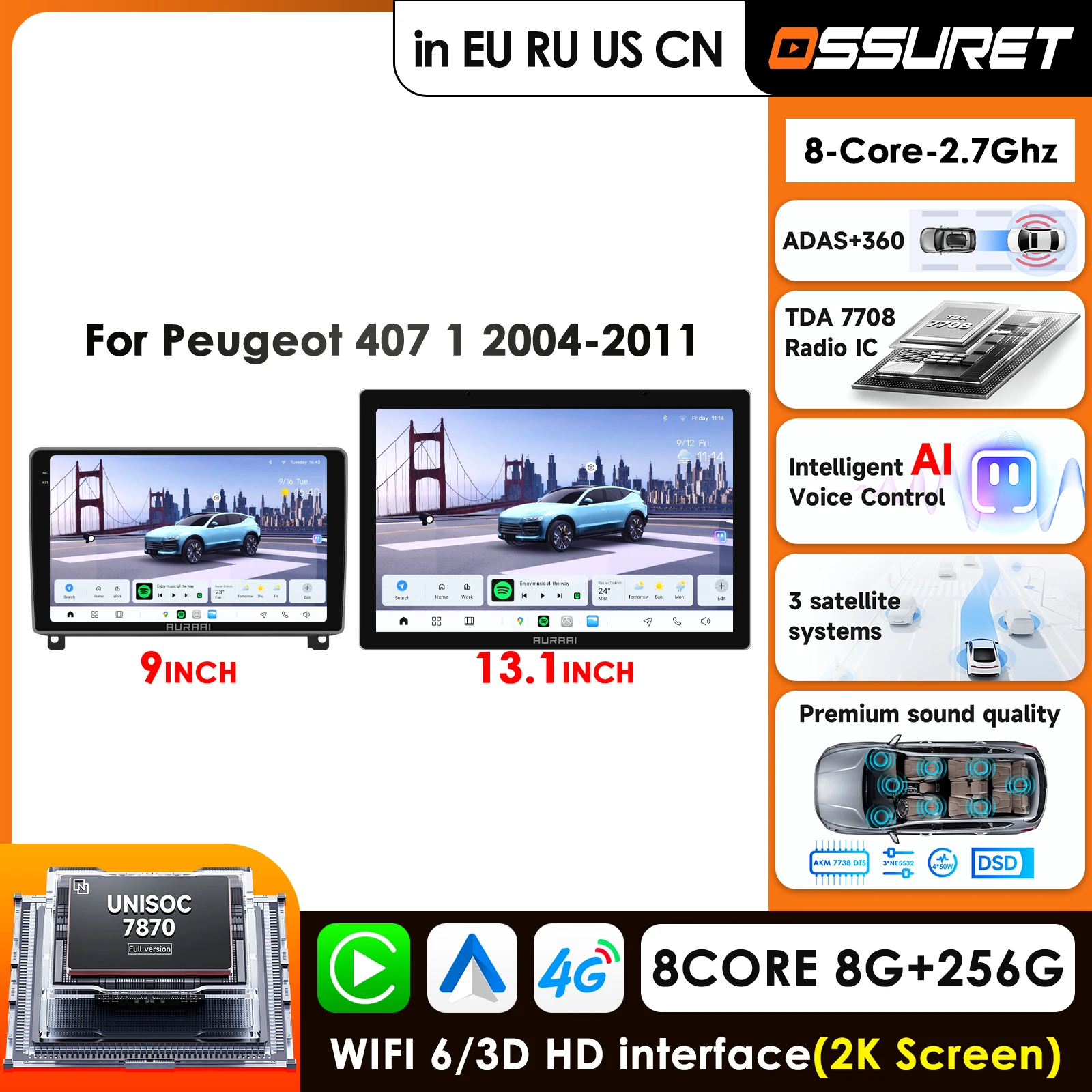 

Ossuret 2K Screen Carplay Android Auto for Peugeut 407 1 2004 - 2011 Car Infotainment Multimedia Player GPS Stereo Mic 360Camera