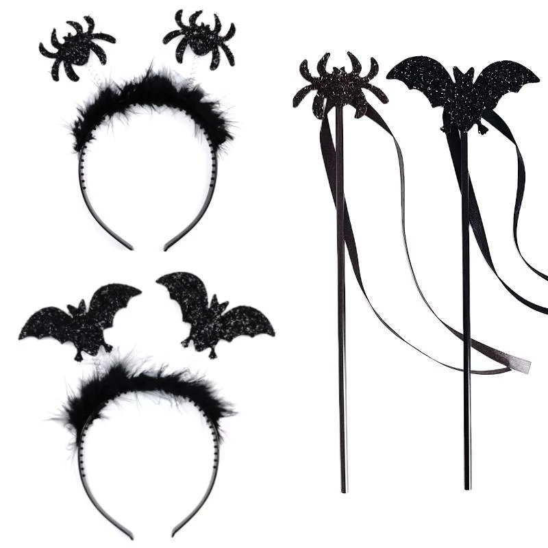 

Black Bat Spider Plush Headband Magic Wand Set Halloween Party Decoration Cosplay Costumes Photography Props Hair Accessories