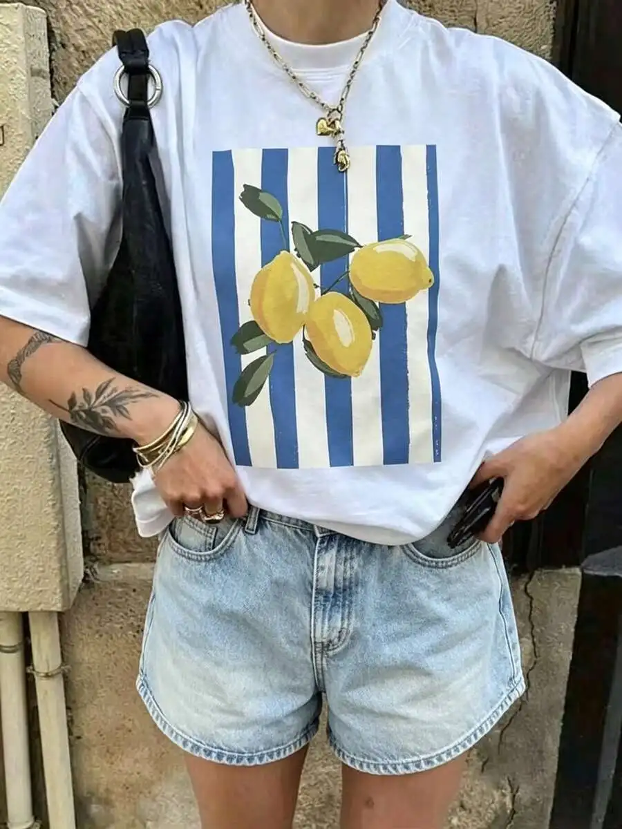 Women Crewneck Short Sleeve T Shirt Oversized Lemon Stripe Print Casual Summer Daily Street Style Trendy Outfit Top