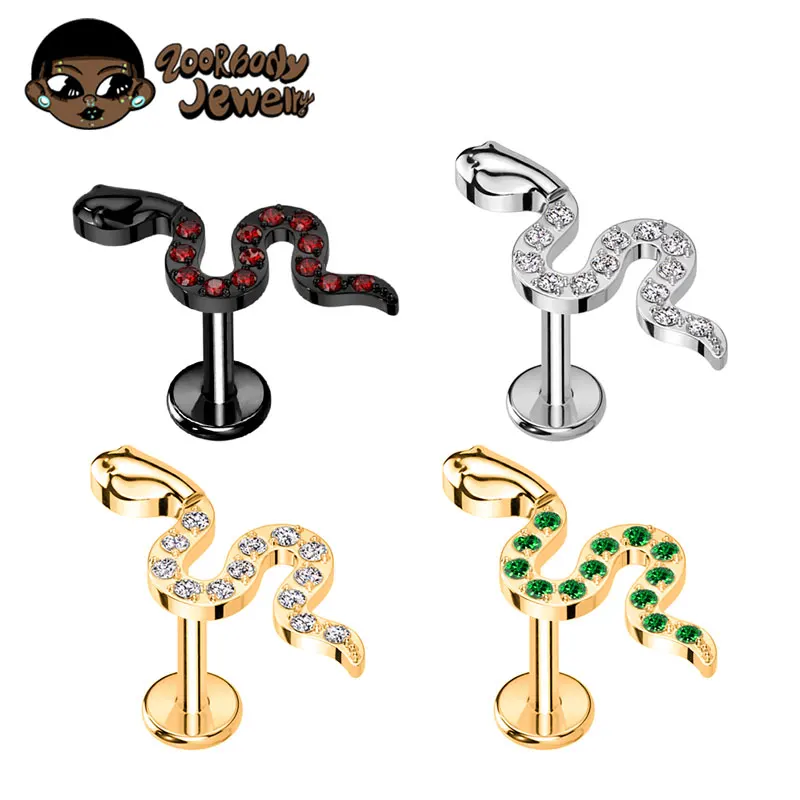 ASTM F136 титановый 16 г 18 г Змея Viper CZ Labret серьги, Надеваемые На ушной хрящ плоская задняя шпилька раковина козелка завитка ушной раковины