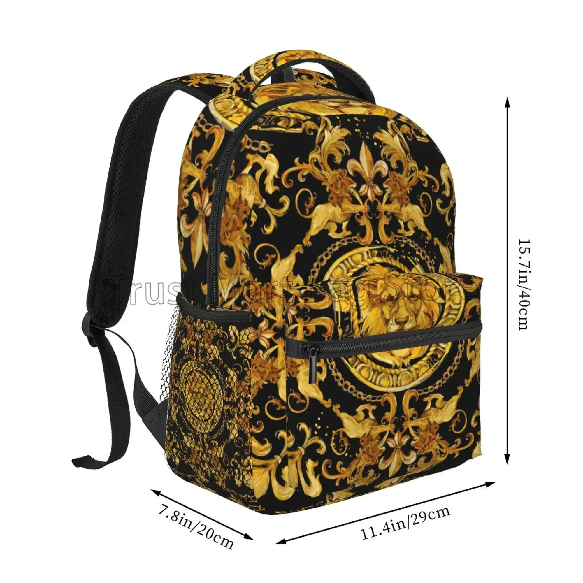 Golden Lion Baroque Pattern Backpacks School Bag Lightweight Student Bookbag Unisex Laptop Daypack for Travel Hiking Camping