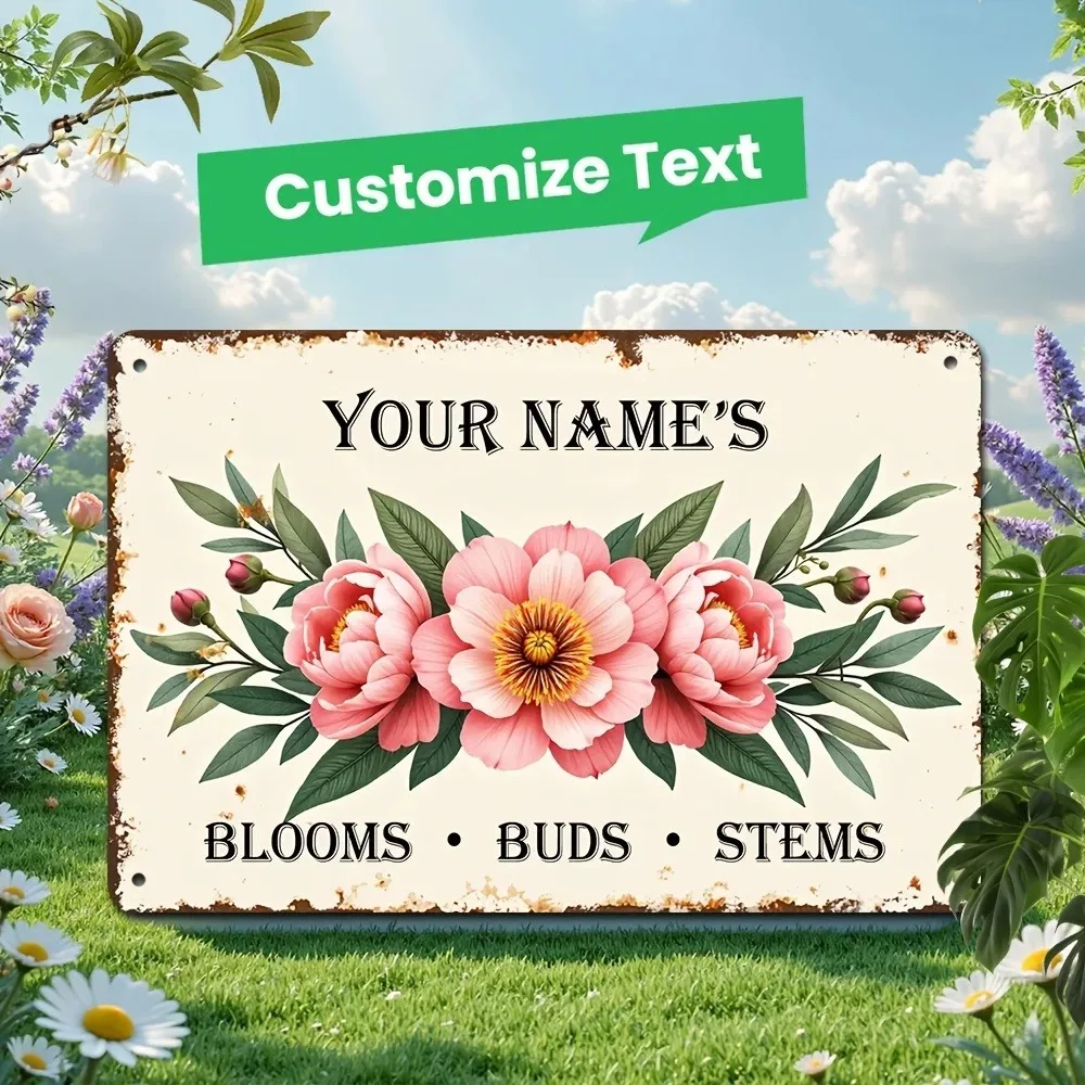 [2D Flat] 1pc Custom Name Vintage Rusty Metal Garden Sign, Pink Peony Blooms Buds Stems Outdoor Decor (Only For Decoration)