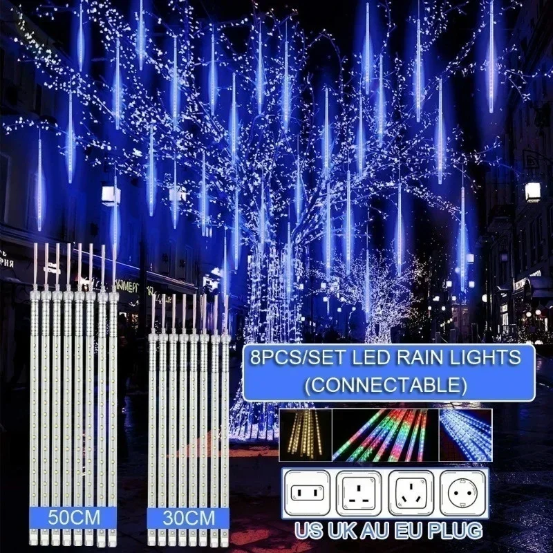 30cm /50cm EU/US/AU/UK Plug impermeabile Meteor Shower Rain 8 Tube LED String Lights per le vacanze all\'aperto albero di decorazione natalizia