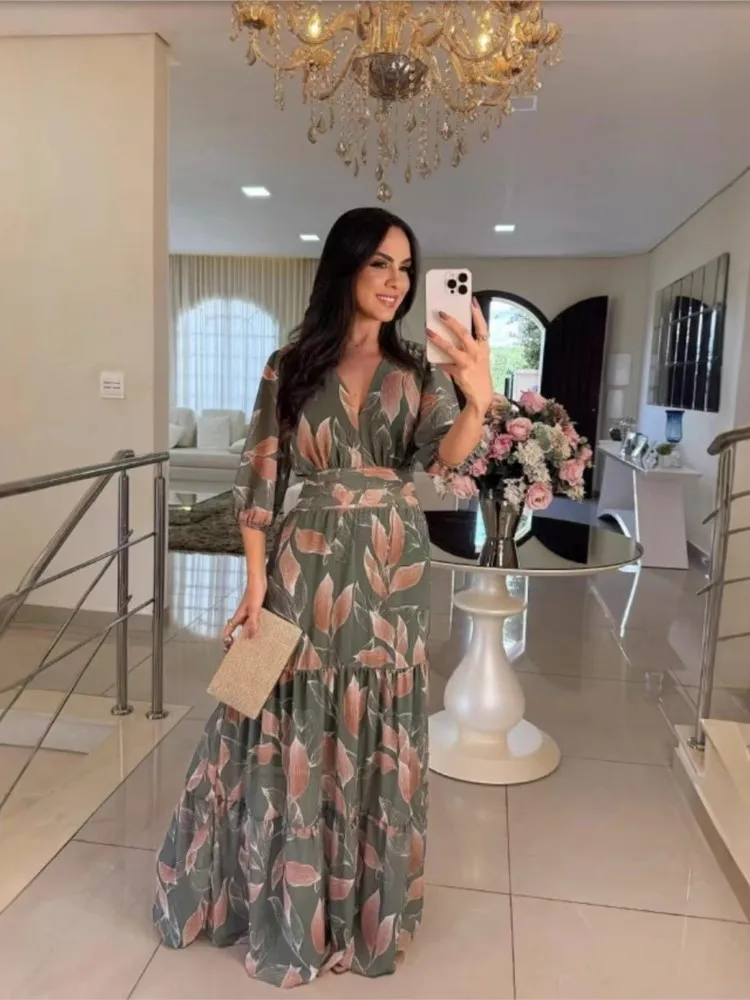 

Women's Summer New V-neck Printed Long Dress Women Fashionable And Elegant Waisted Seven-quarter Sleeve Loose Dresses Females
