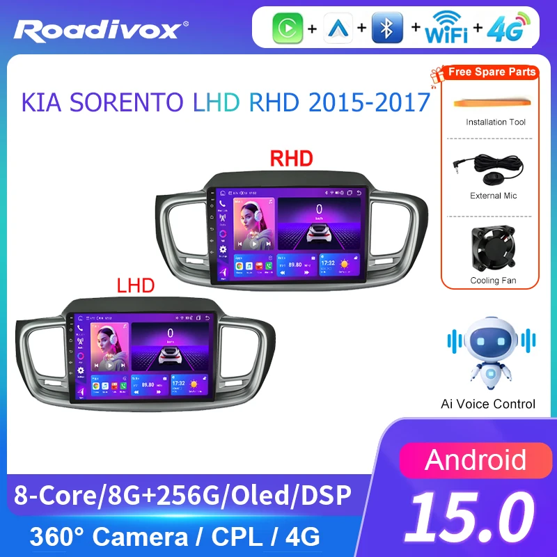 AI VOICE roadivox Android car radio for KIA SORENTO LHD RHD 2015 2017 stereo Navigation video Multimedia Player tape recorder