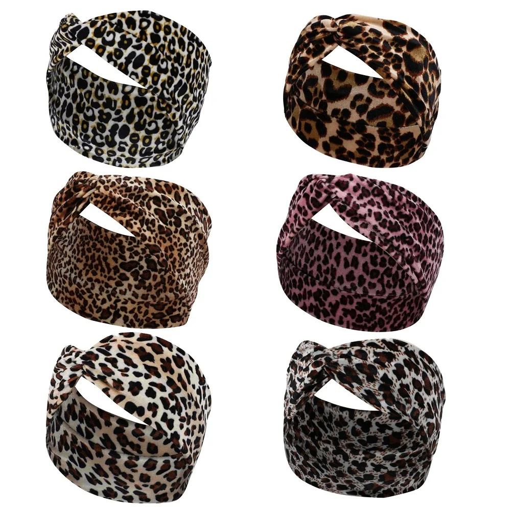 Velvet twisted elastic leopard print headband for face washing and makeup