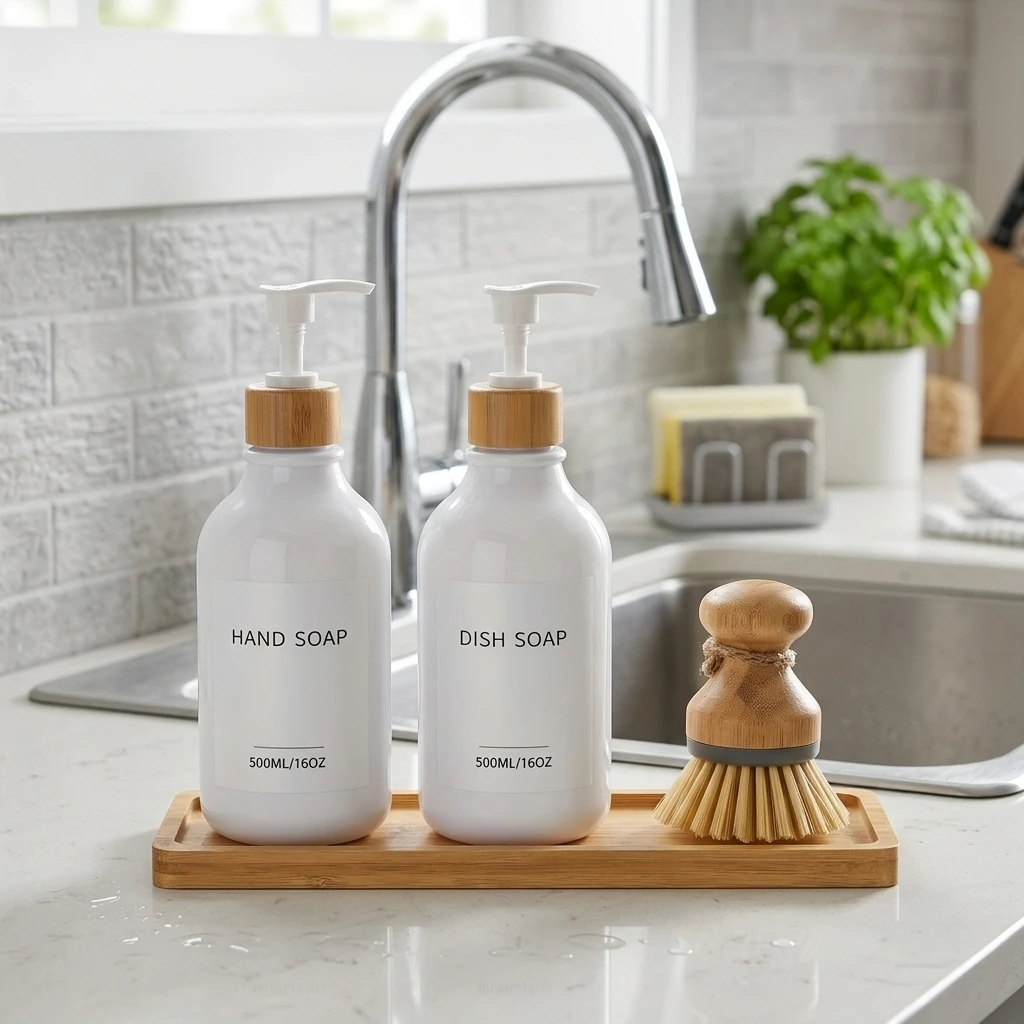 Kitchen Soap Dispenser Set 16 oz Dish Soap Dispenser with Tray and Dish Brush Plastic Soap Dispenser Set with Waterproof Labels
