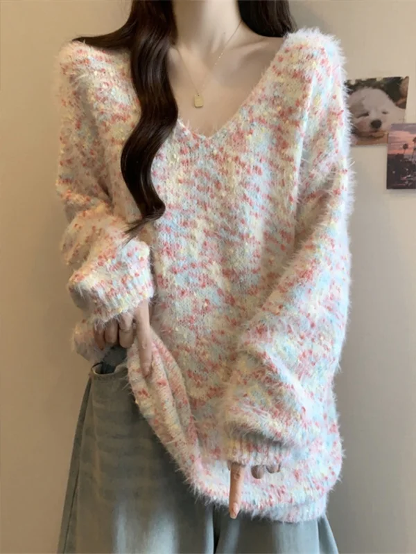 

V-Neck Long Sleeve Knitted Sweater Loose Early Autumn plus Size Women's Lazy Style Soft And Cute Beautiful Sweater