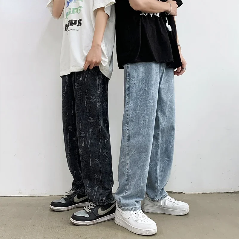 Jeans Men Design Print Mid Waist Oversize Baggy Jean Streetwear Zipper Fly Straight Denim Trousers Hip Hop Retro Teens Men