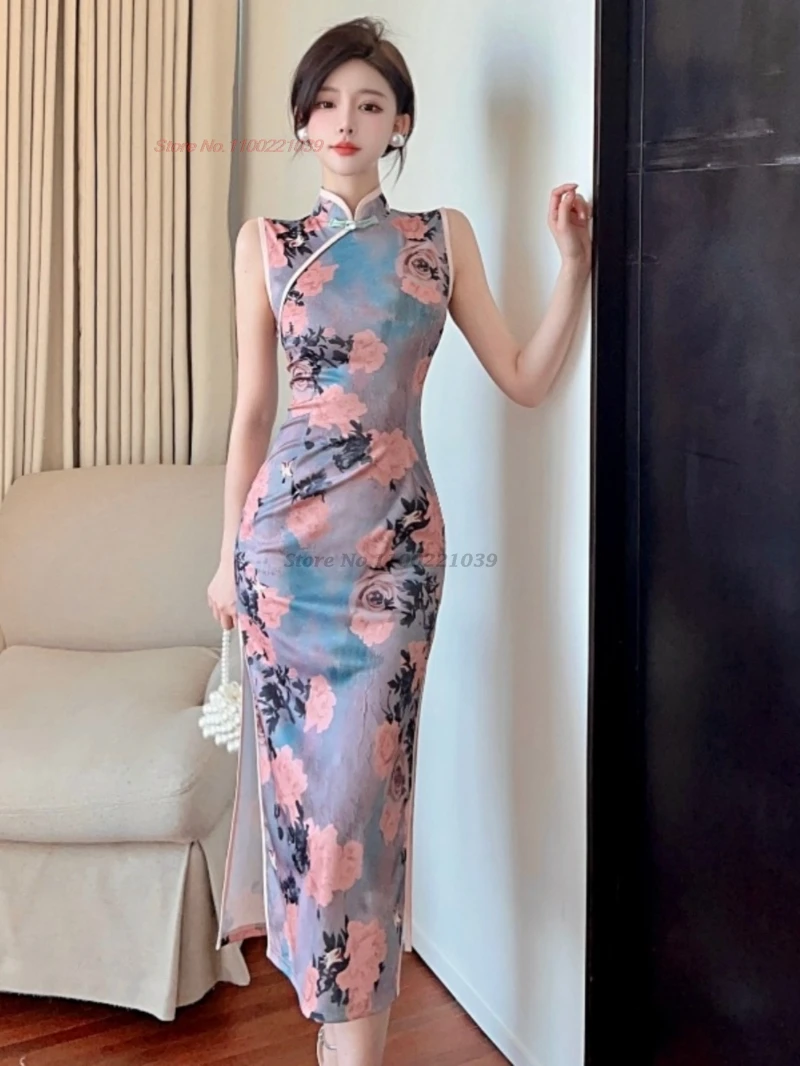 

2025 oriental sexy nightclub dress improved cheongsam traditional flower print sleeveless qipao dress bodycon banquet dress
